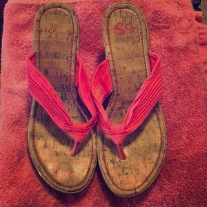 Wedge sandals with hot pink cloth top